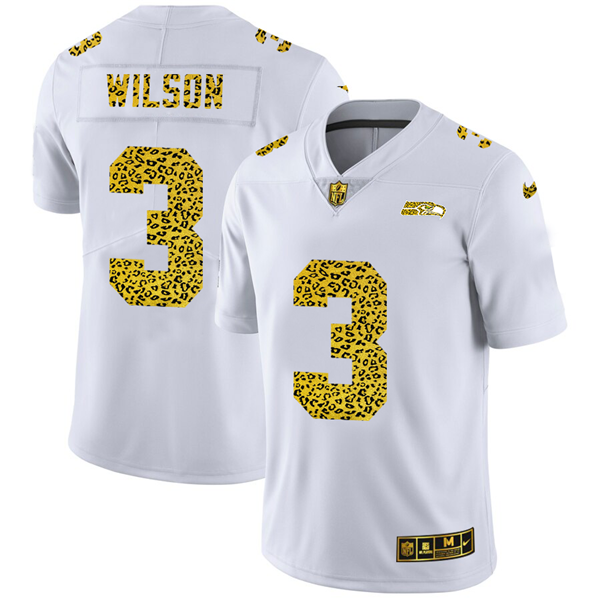 Men's Seattle Seahawks #3 Russell Wilson 2020 White Leopard Print Fashion Limited Stitched Jersey